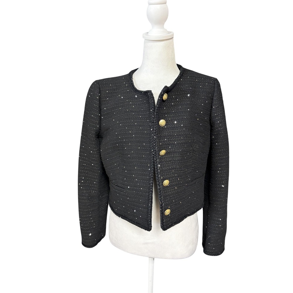 J.Crew Blazer Womens 2 Black Sequin Tweed Cropped Jacket Gold Buttons Party
